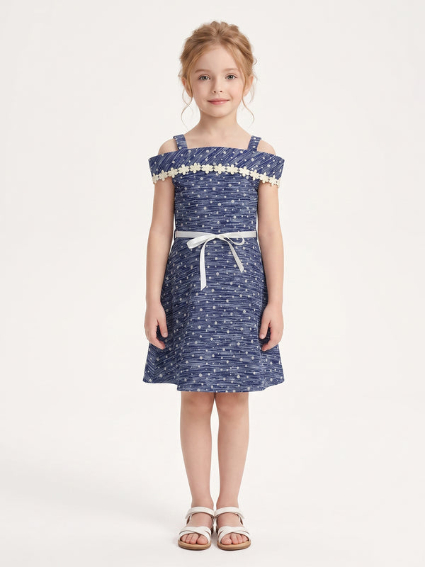 Girls Navy Blue Enzyme Washed Dress With Belt 18335