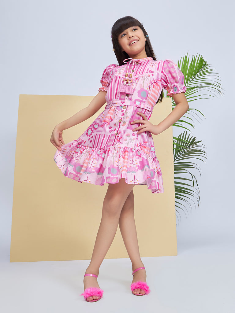 Girls Abstract Print Dress with Belt 19163