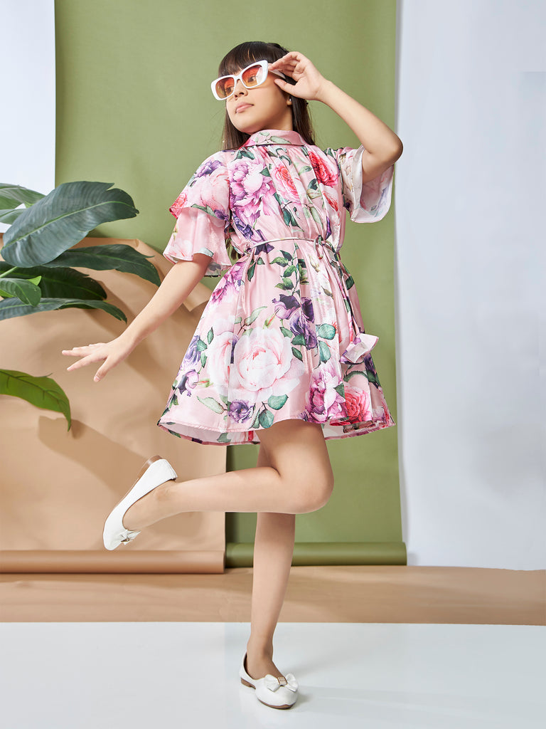 Girls Floral Print Dress with Belt 19232