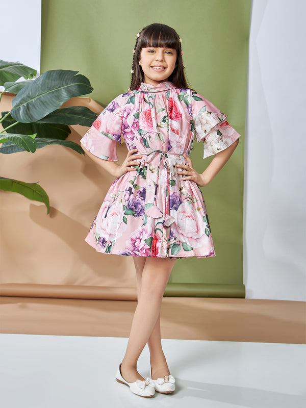 Girls Floral Print Dress with Belt 19232