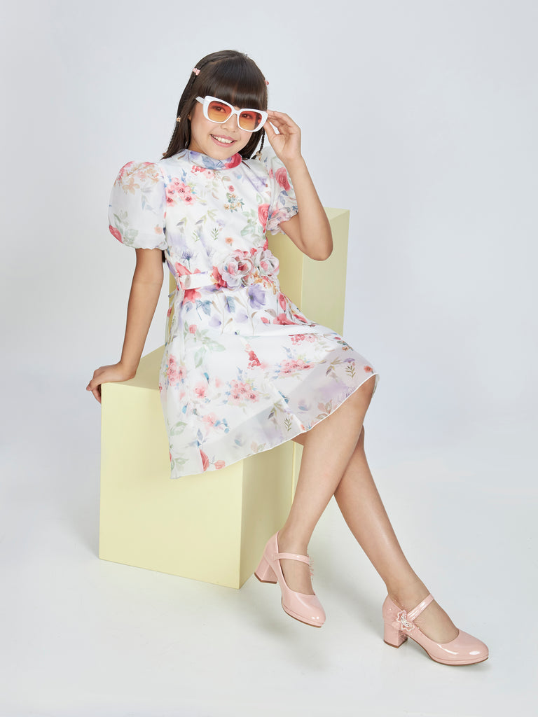 Girls Floral Print Dress with Belt 19477