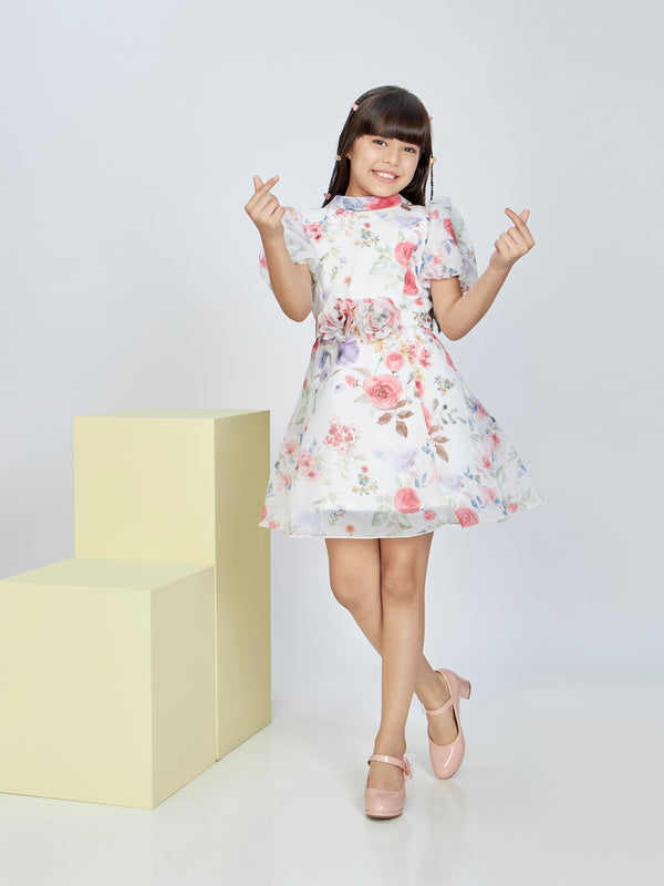 Girls Floral Print Dress with Belt 19477