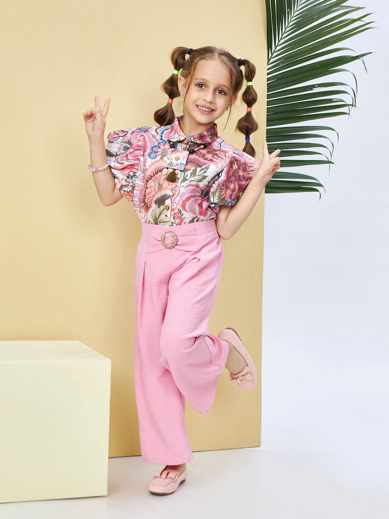 Girls Floral Print Pant & Top with Neckpiece 19518
