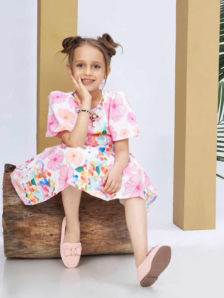 Girls Floral Print Dress with Belt 19565