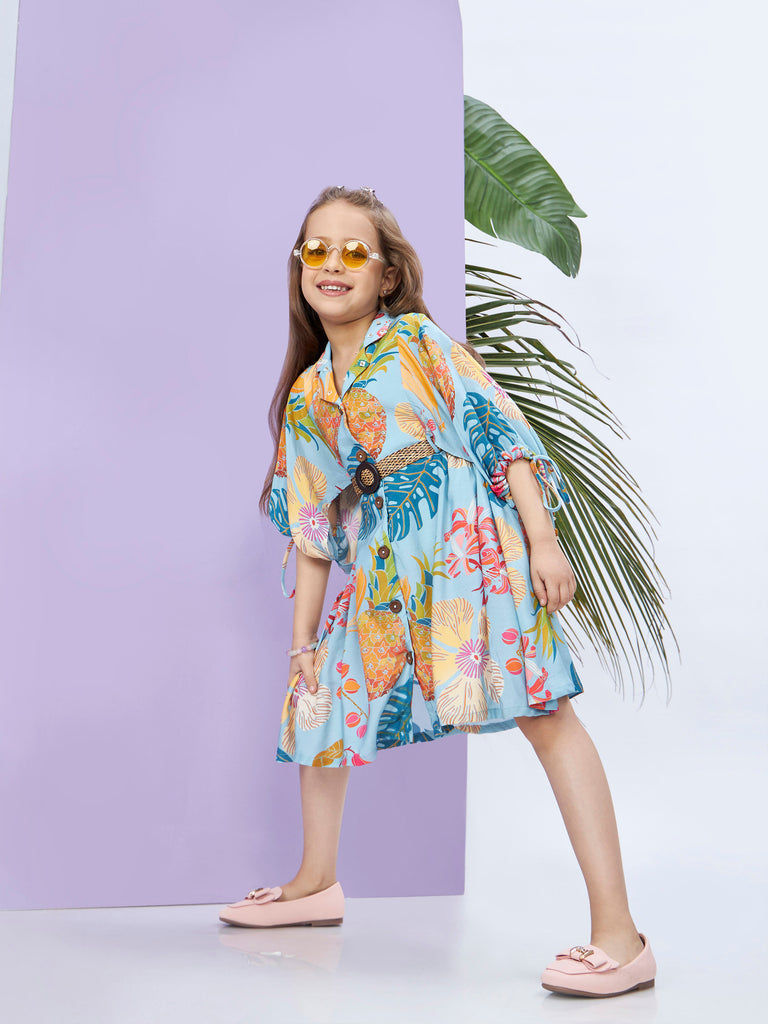 Girls Tropical Print Dress with Belt 19606