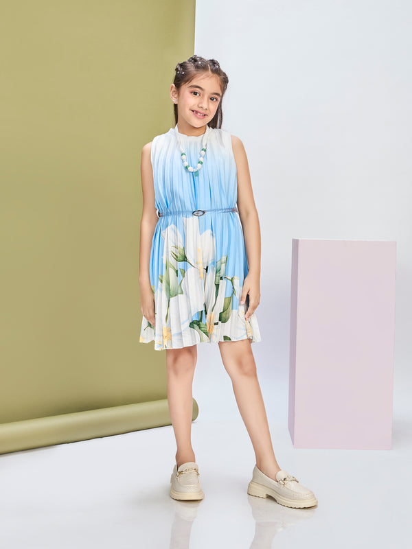 Girls Floral Print Dress W/ Belt & Neckpiece 20416