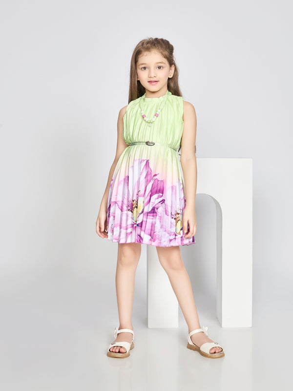Girls Floral Print Dress W/ Belt & Neckpiece 20416