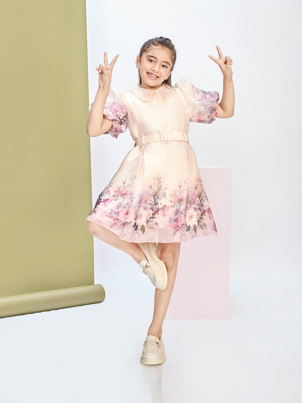 Girls Floral Print Dress with Belt 20505