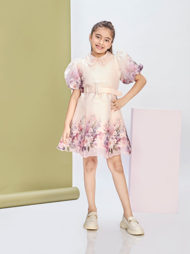 Girls Floral Print Dress with Belt 20505