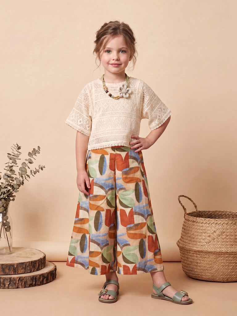 Girls Abstract Print Pant & Top with Neckpiece 20572
