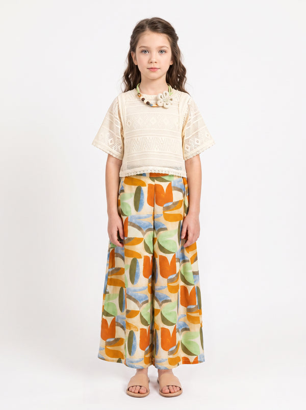 Girls Abstract Print Pant & Top with Neckpiece 20572