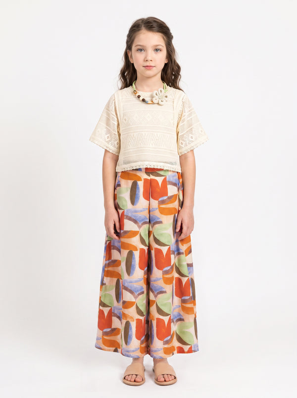 Girls Abstract Print Pant & Top with Neckpiece 20572