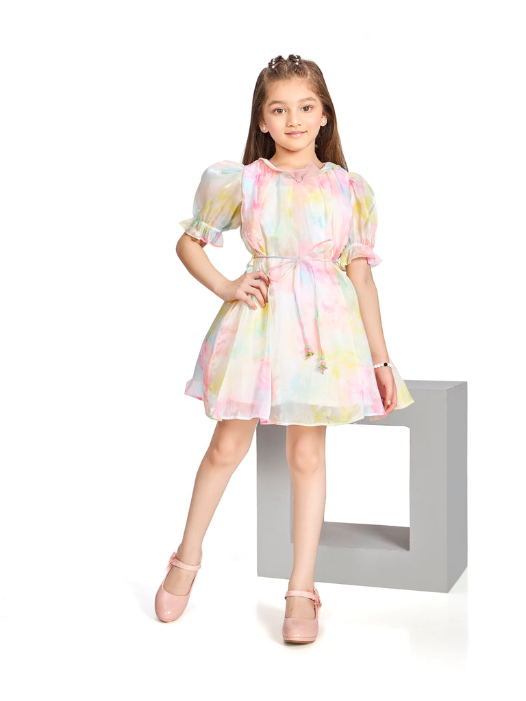 Girls Abstract Print Dress with Belt 20604