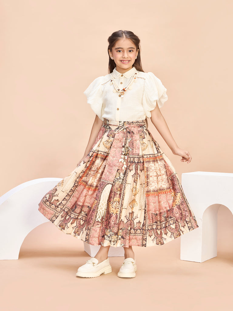 Girls Printed Skirt & Top W/ Neckpiece & Belt 21186