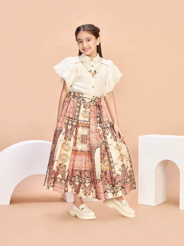 Girls Printed Skirt & Top W/ Neckpiece & Belt 21186