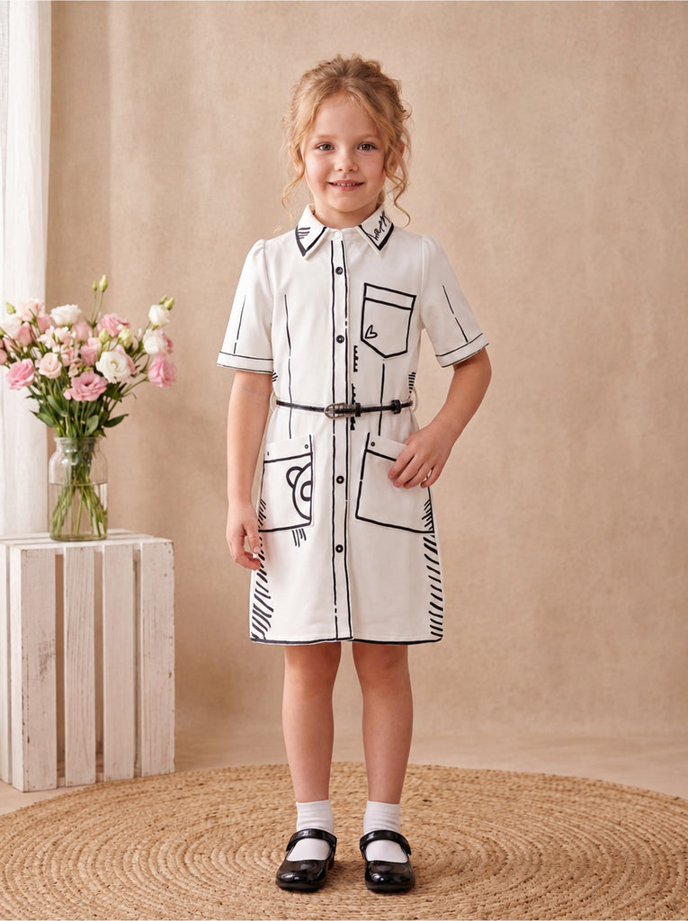 Girls Abstract Print Dress with Belt 21203