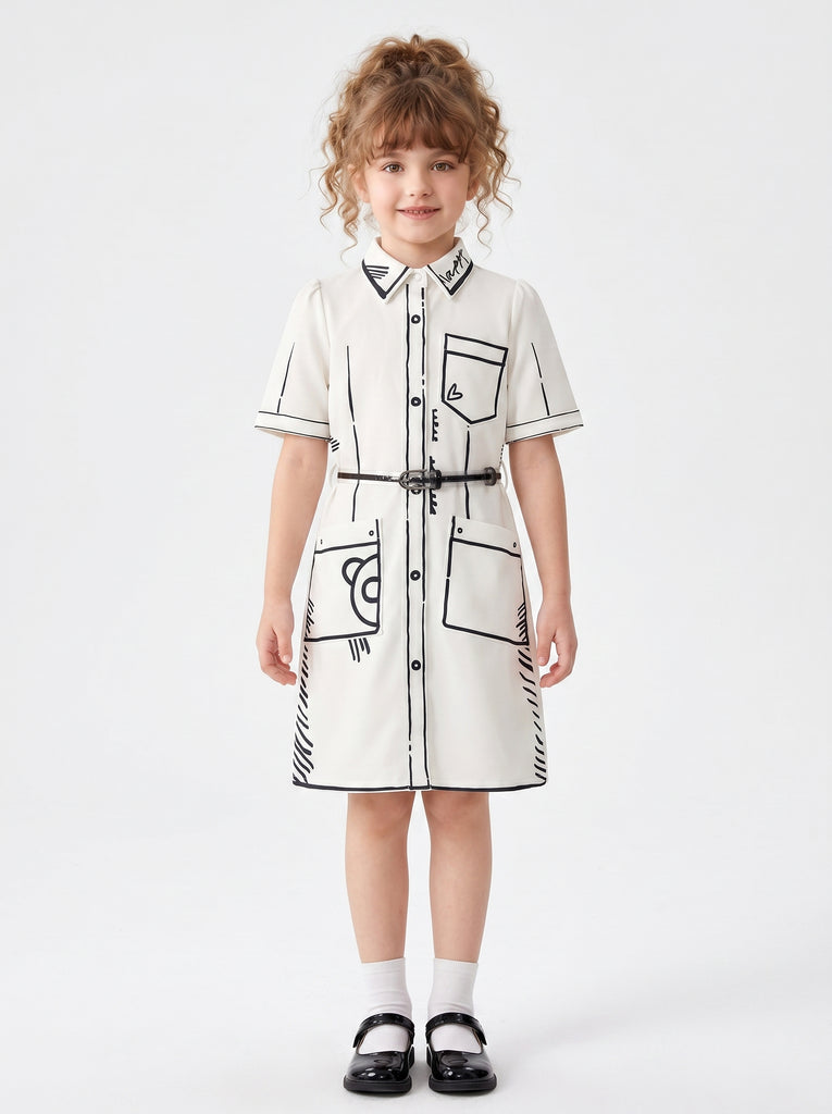 Girls Abstract Print Dress with Belt 21203