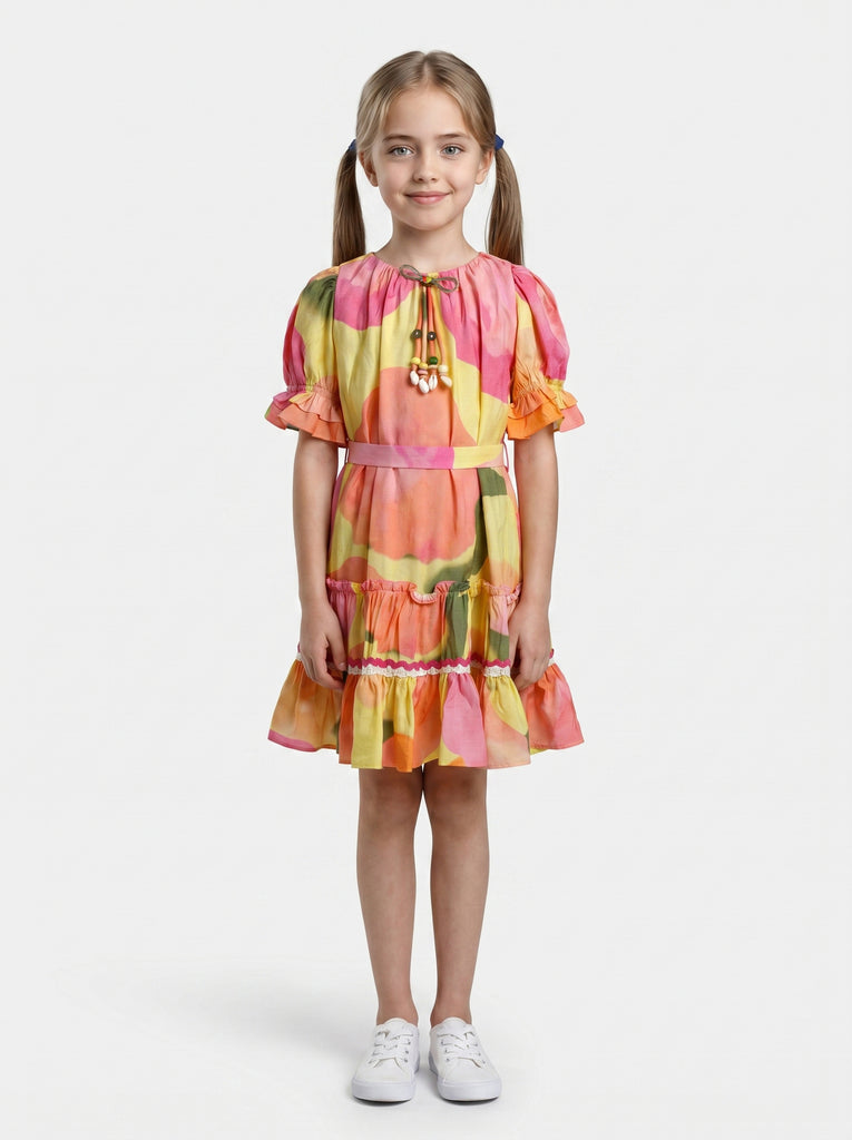 Girls Printed Dress with Belt 21205