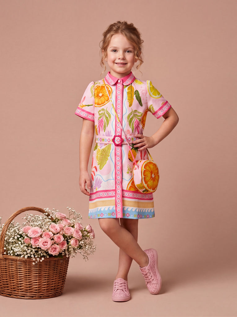 Girls Digital Print Dress with Belt & Purse 21230