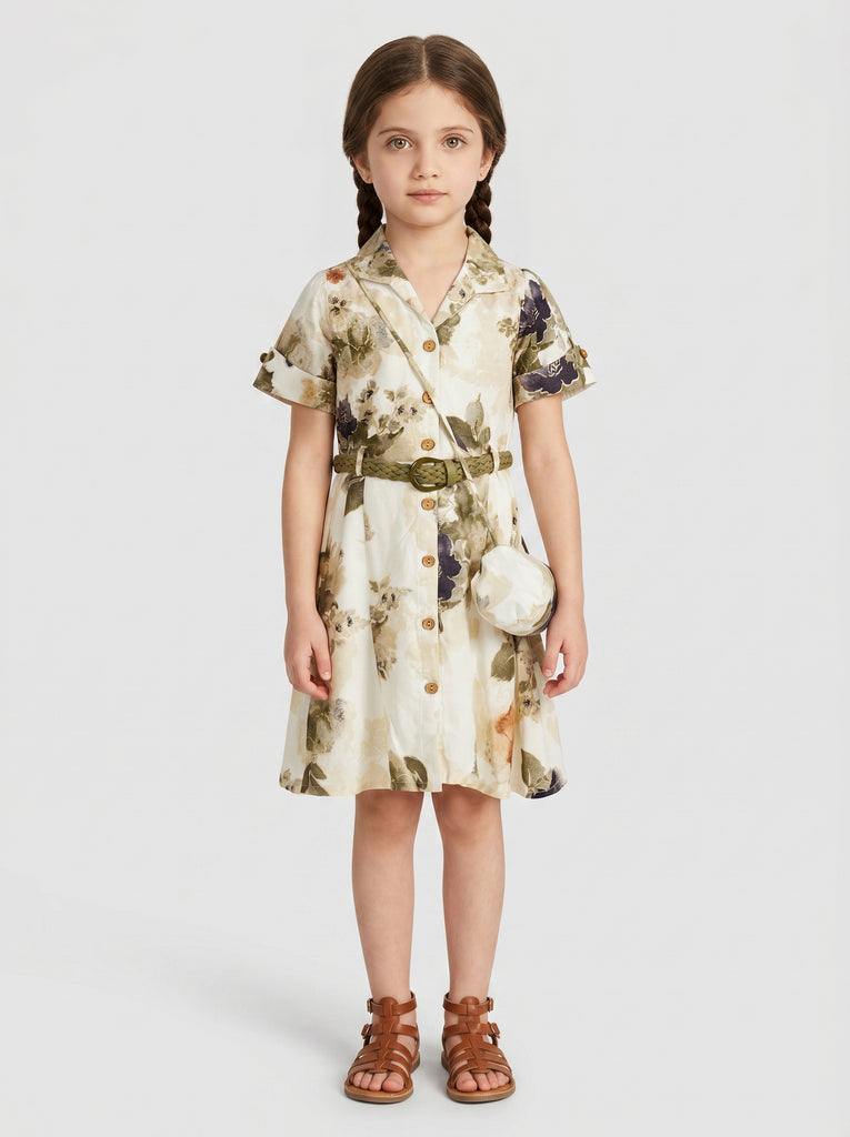 Girls Printed Dress with Belt & Purse 21252