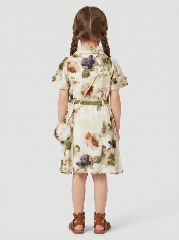 Girls Printed Dress with Belt & Purse 21252