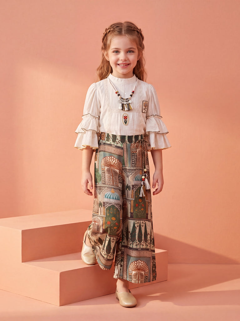 Girls Printed Pant & Top with Neckpiece 21257
