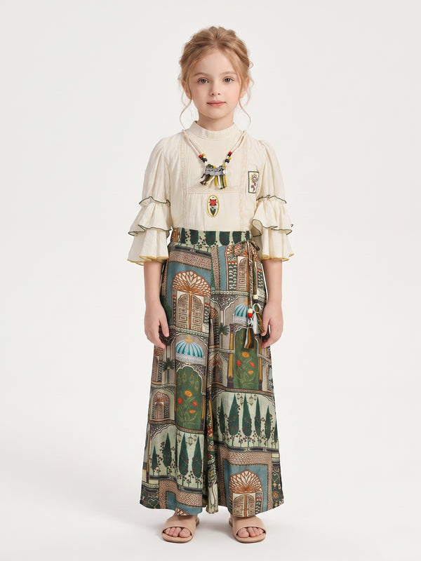 Girls Printed Pant & Top with Neckpiece 21257