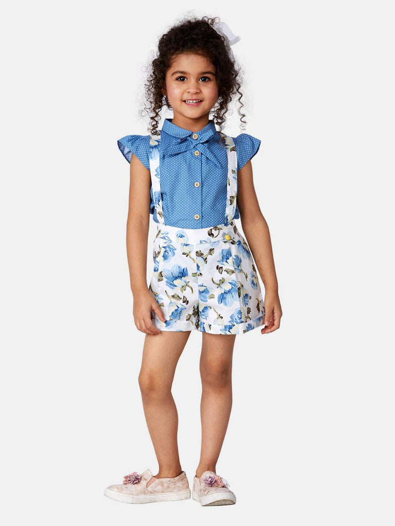 Peppermint Girls Blue Printed Dungaree Shorts With Top 13273 1