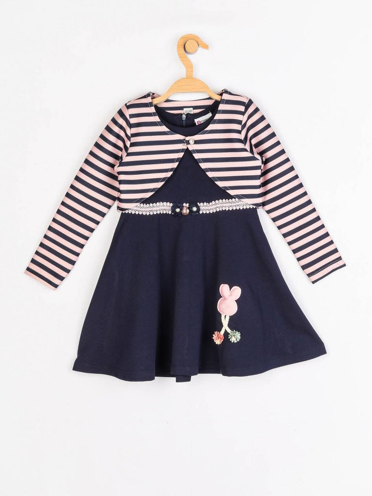 Peppermint Girls Navy Blue Printed Dress With Shrug 12496 1