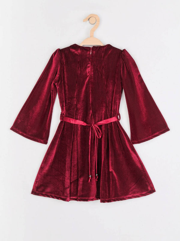 Peppermint Girls Maroon Textured Dress With Belt 12599 2