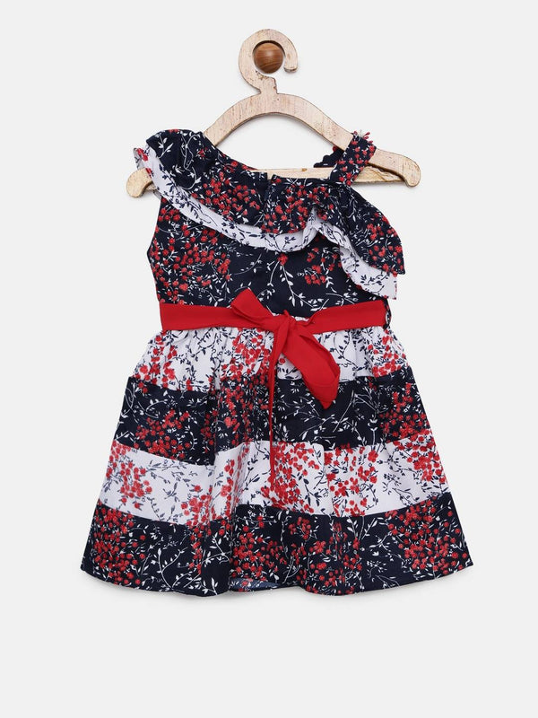 Peppermint Girls Navy Blue Printed Dress With Belt 12813 2