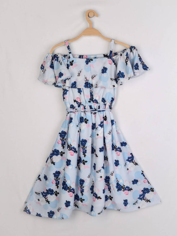 Peppermint Girls Sky Blue Printed Dress With Belt 12842 2