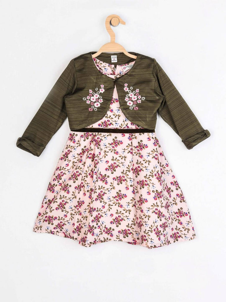 Peppermint Girls Peach Printed Dress,Jacket With Belt 12719 1