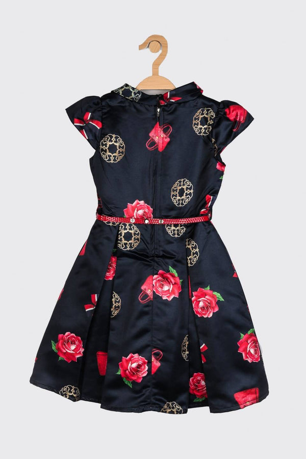 Peppermint Girls Navy Blue Printed Dress With Belt 12725 2