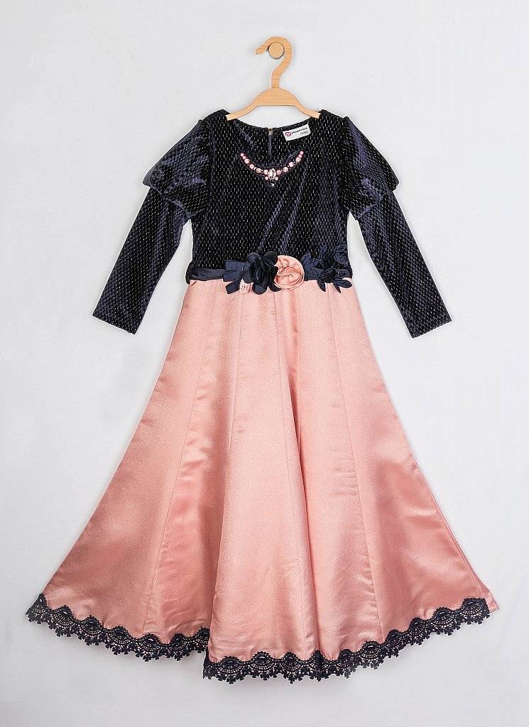 Girls Peach Satin Finish Gown With Belt 12590