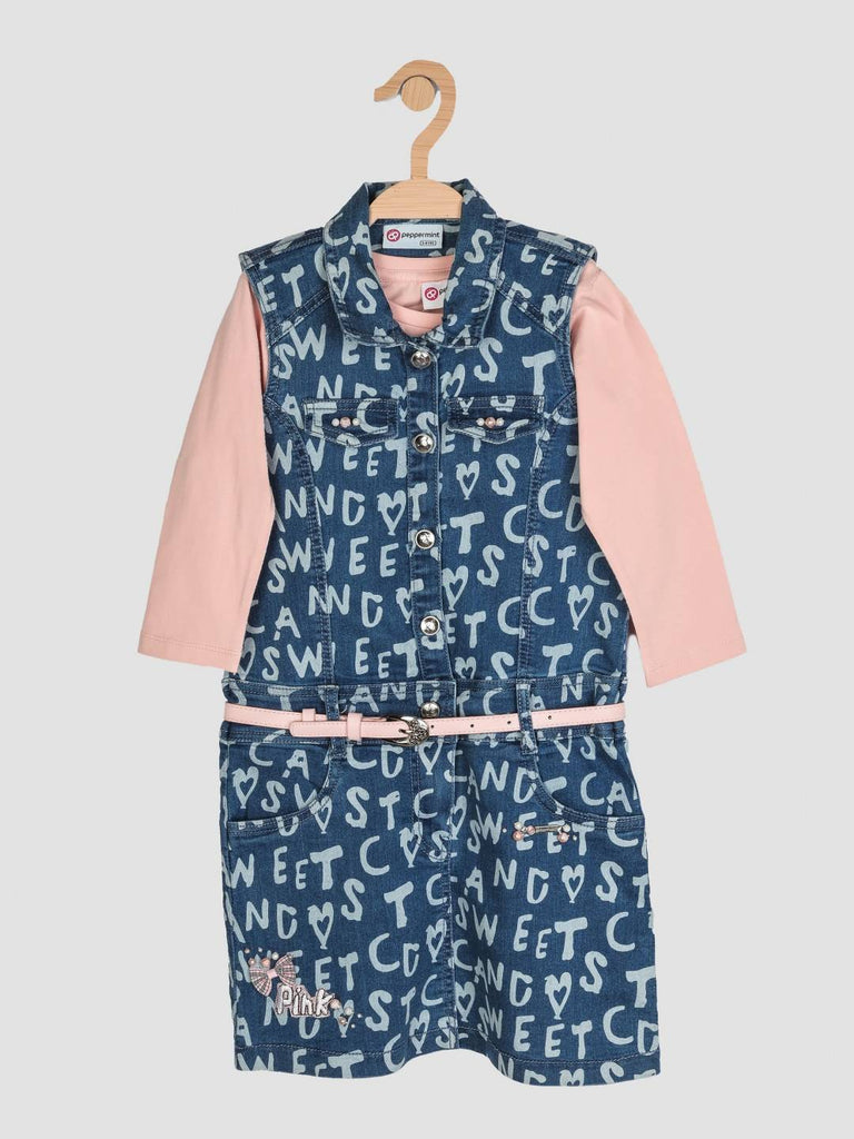 Peppermint Girls Navy Blue Enzyme Washed Dress Top Set With Belt 12399 1