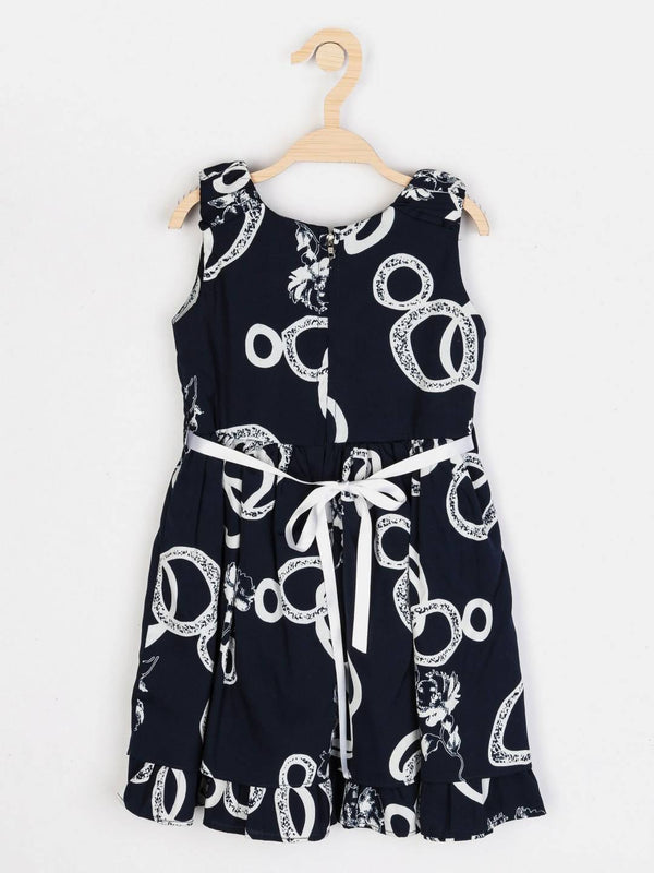 Peppermint Girls Navy Blue Printed Dress With Belt 12249 2