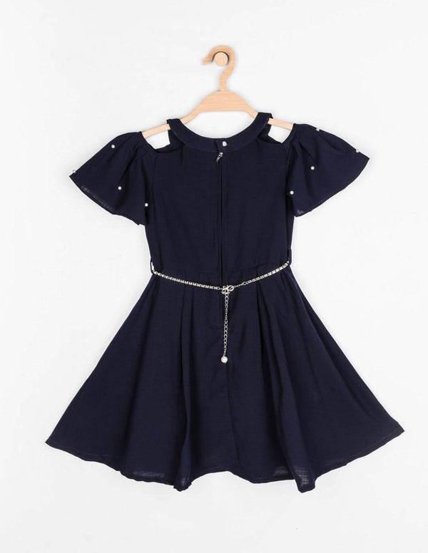 Peppermint Girls Navy Blue Textured Dress With Belt 12391 2