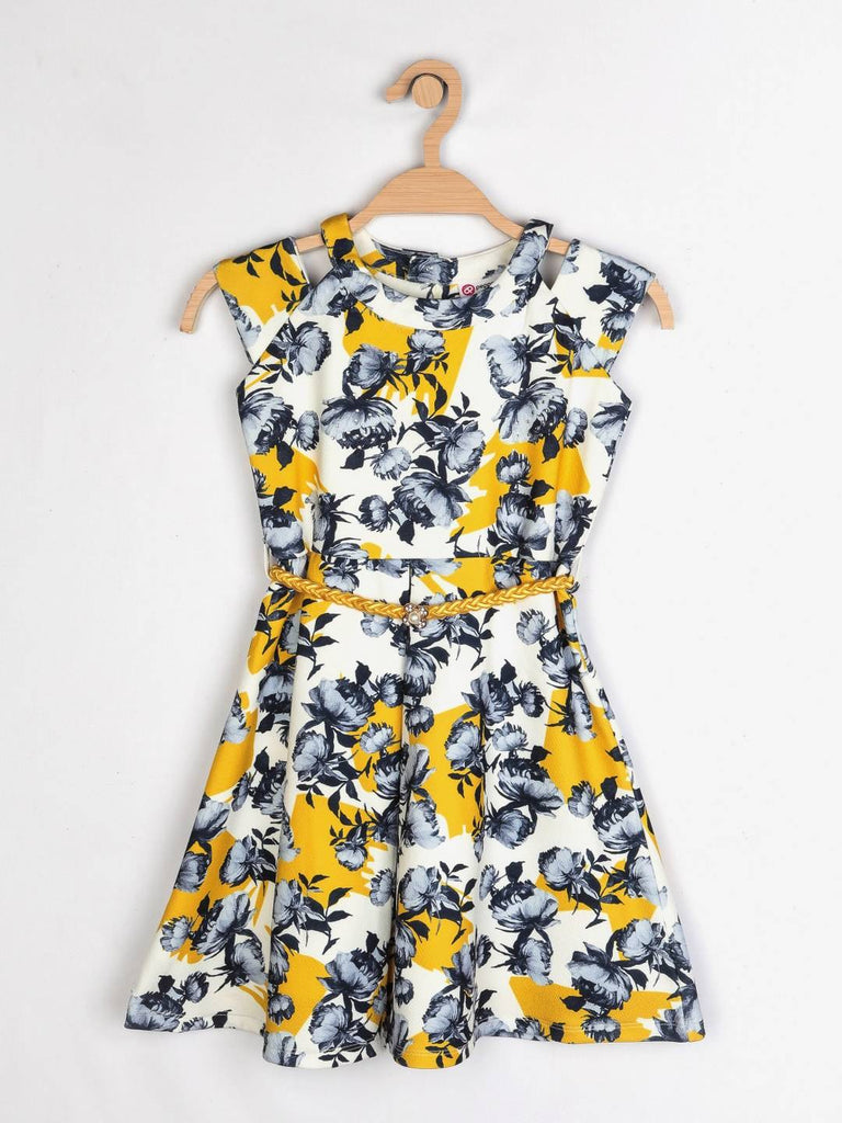 Peppermint Girls Mustard Printed Dress With Belt 12433 1