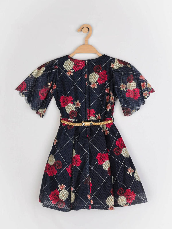 Peppermint Girls Navy Blue Printed Dress With Belt 12473 2