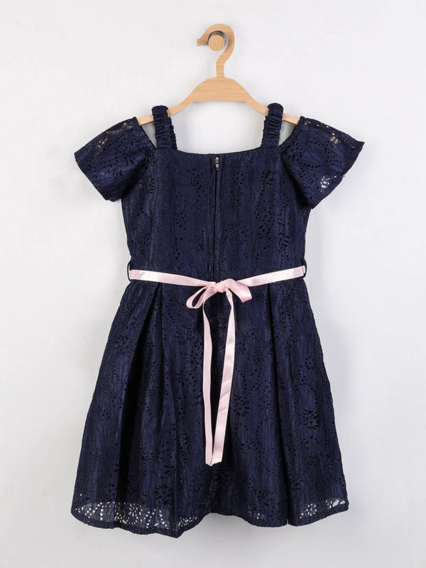 Peppermint Girls Navy Blue Net Dress With Belt 12480 2