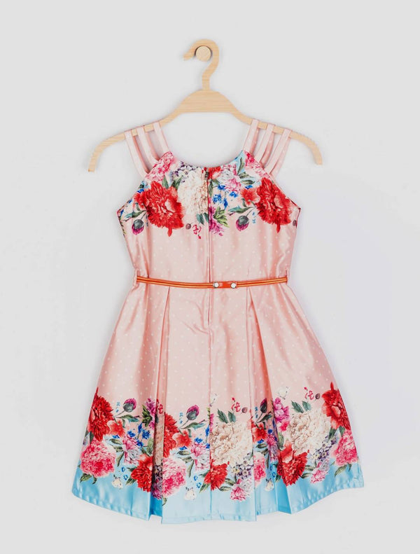 Peppermint Girls Peach Printed Dress With Belt 12785 2