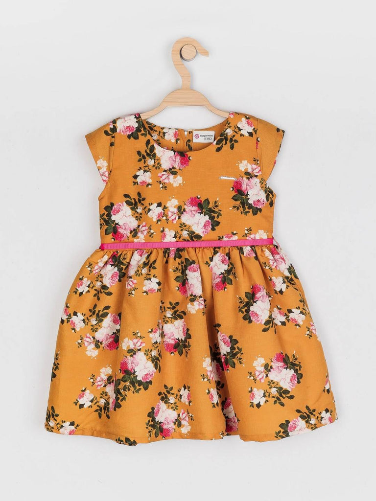 Peppermint Girls Mustard Printed Dress With Belt 12986 1