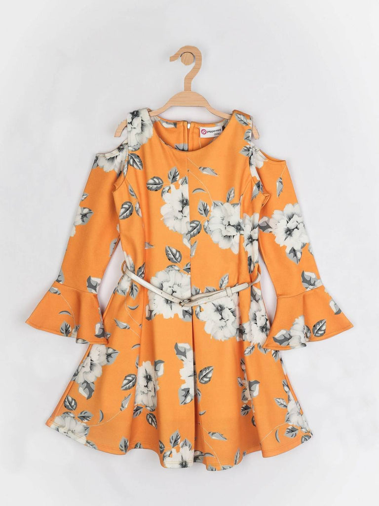 Peppermint Girls Mustard Printed Dress With Belt 12436 1