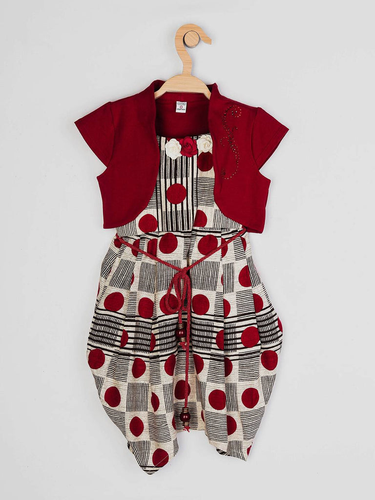 Peppermint Girls Maroon Printed Dress With Shrug & Belt 13069 1